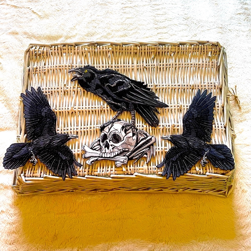 Giant Raven Crow on Skull & 2 Flying Ravens iron on/sew on patches. Hand Made